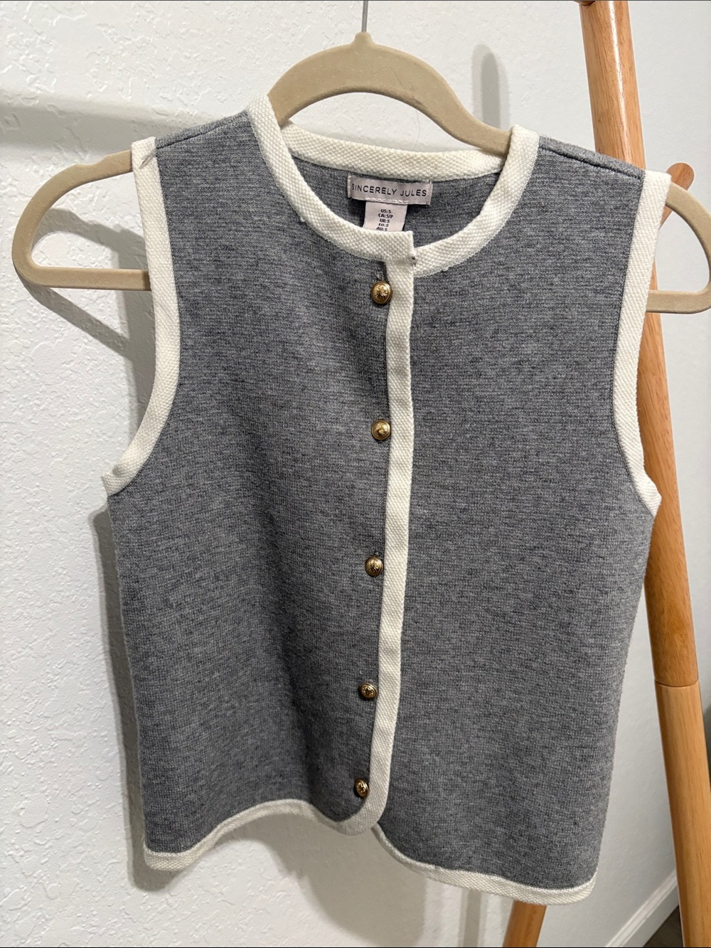 Sincerely Jules Grey Knit Button Front Vest with Ivory Trim